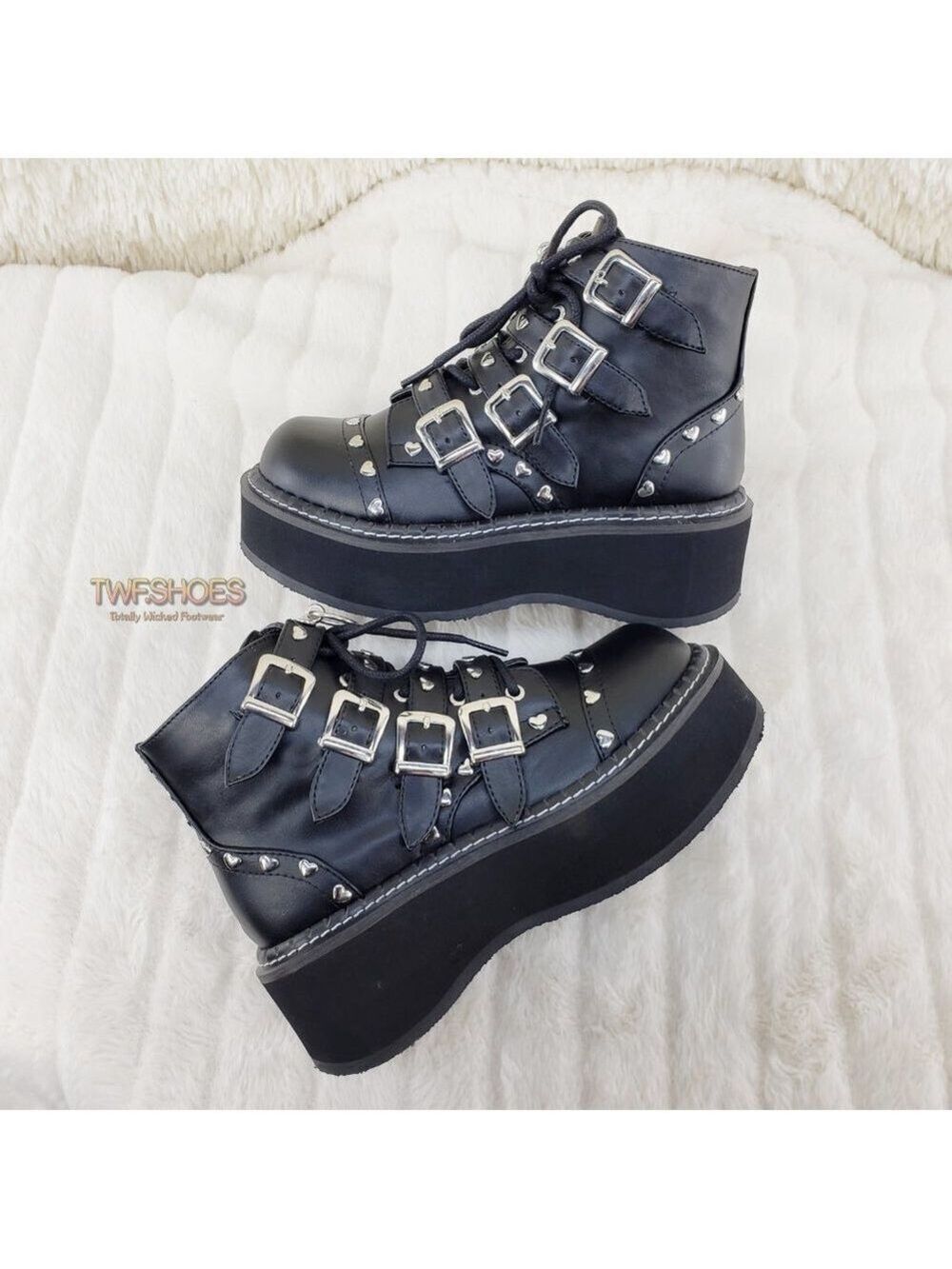 Demonia Goth Heart Stud 2" Platform Ankle Boots